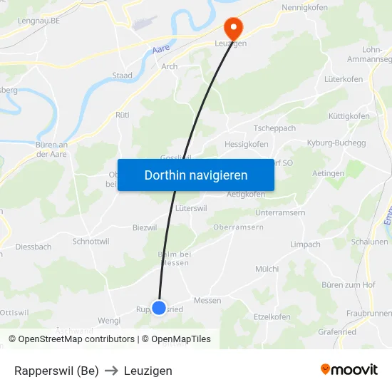 Rapperswil (Be) to Leuzigen map