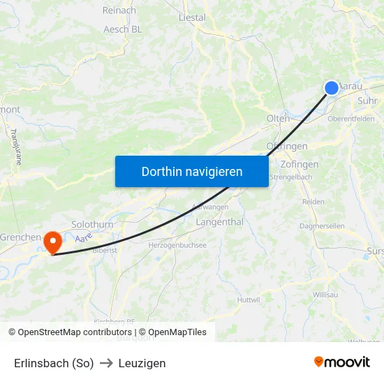 Erlinsbach (So) to Leuzigen map