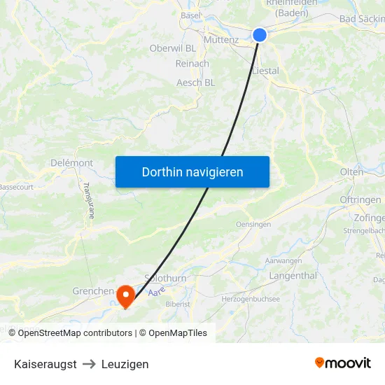 Kaiseraugst to Leuzigen map