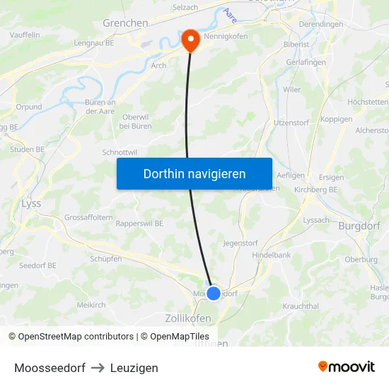 Moosseedorf to Leuzigen map