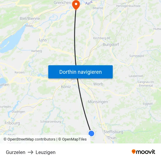 Gurzelen to Leuzigen map