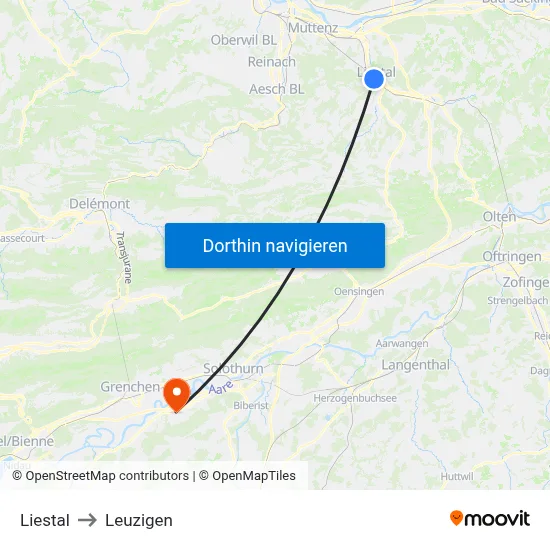 Liestal to Leuzigen map