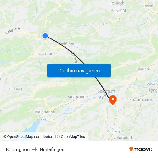 Bourrignon to Gerlafingen map
