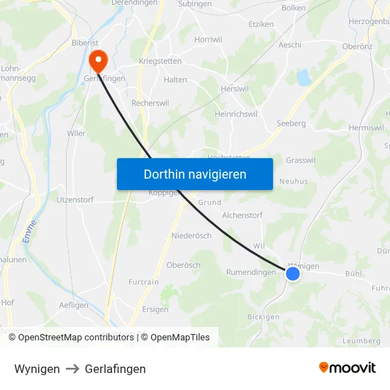 Wynigen to Gerlafingen map