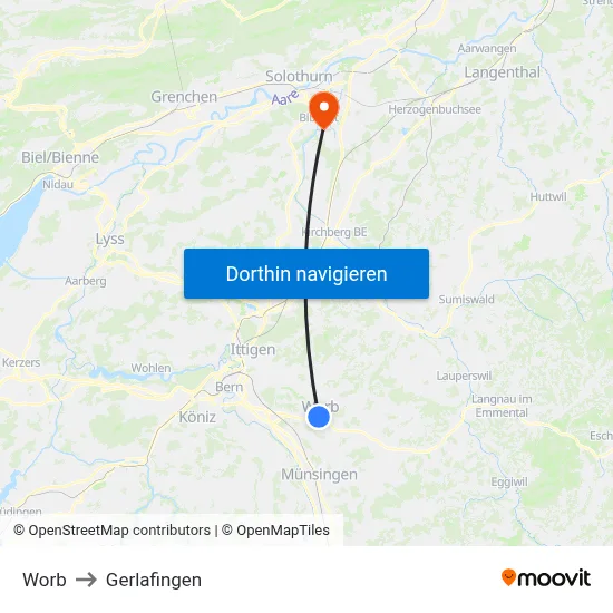 Worb to Gerlafingen map