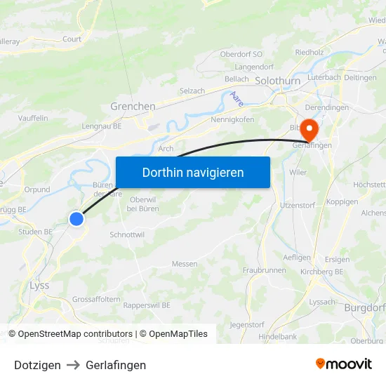 Dotzigen to Gerlafingen map