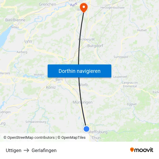 Uttigen to Gerlafingen map