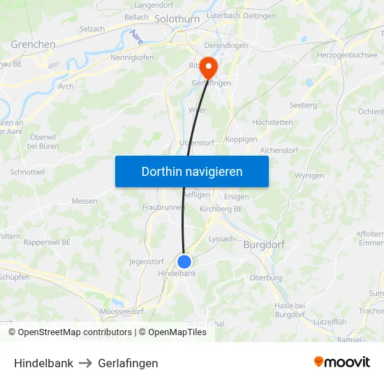 Hindelbank to Gerlafingen map