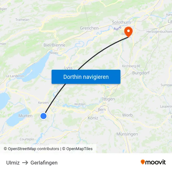 Ulmiz to Gerlafingen map