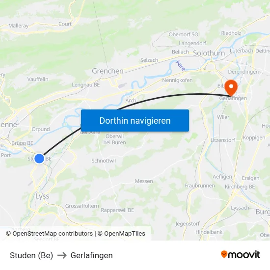 Studen (Be) to Gerlafingen map
