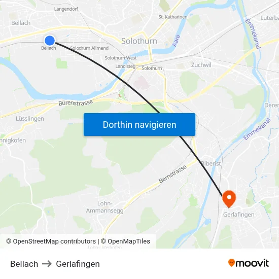 Bellach to Gerlafingen map