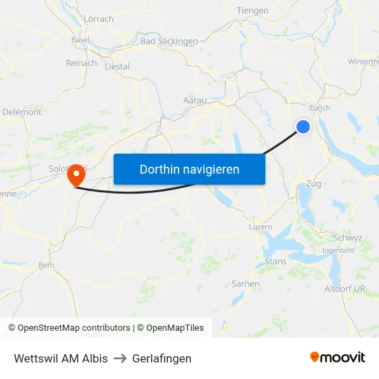 Wettswil AM Albis to Gerlafingen map