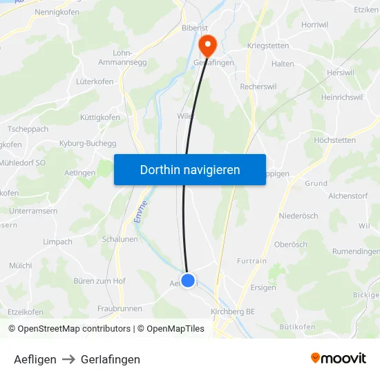 Aefligen to Gerlafingen map