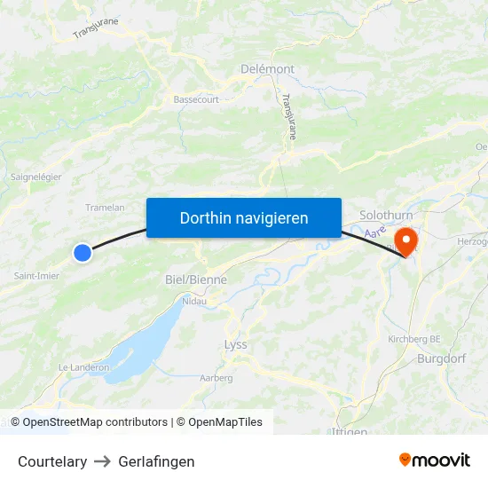 Courtelary to Gerlafingen map