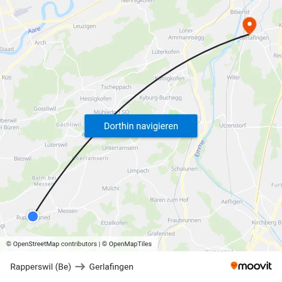 Rapperswil (Be) to Gerlafingen map