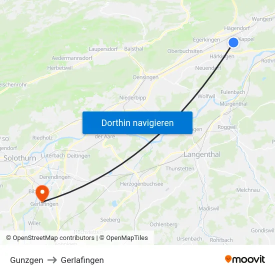 Gunzgen to Gerlafingen map