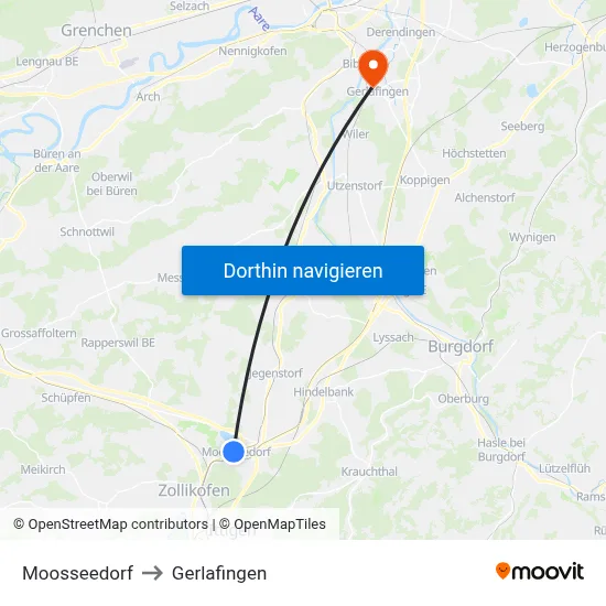 Moosseedorf to Gerlafingen map