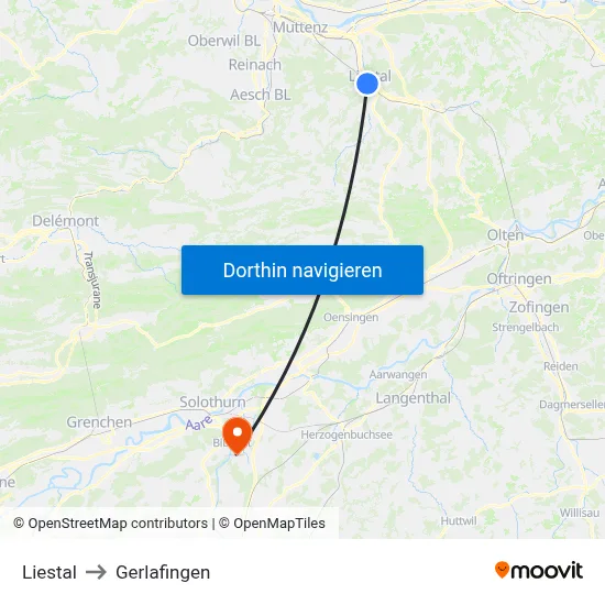 Liestal to Gerlafingen map