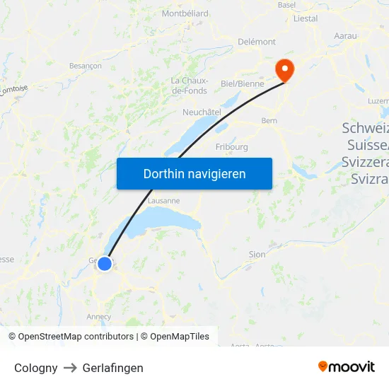 Cologny to Gerlafingen map