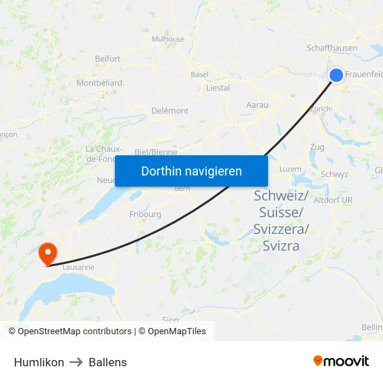 Humlikon to Ballens map