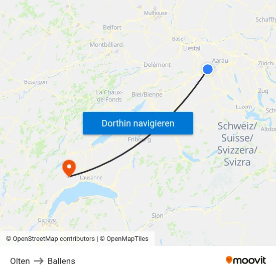 Olten to Ballens map
