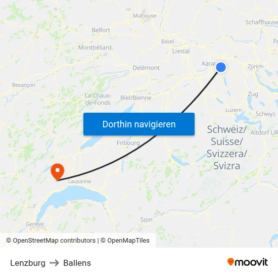 Lenzburg to Ballens map
