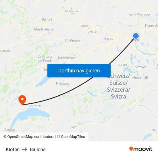 Kloten to Ballens map