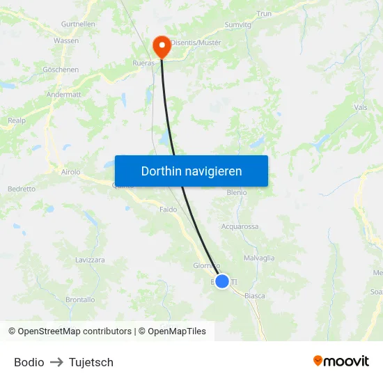 Bodio to Tujetsch map