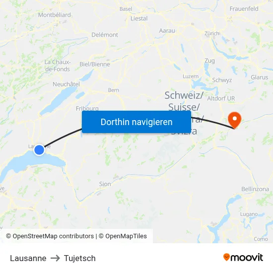 Lausanne to Tujetsch map