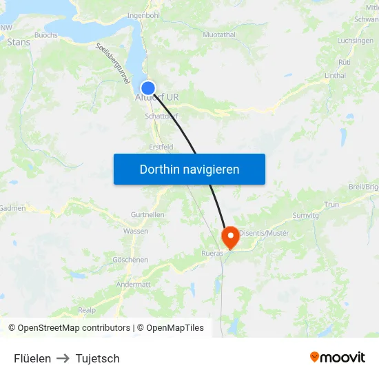 Flüelen to Tujetsch map