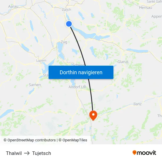 Thalwil to Tujetsch map