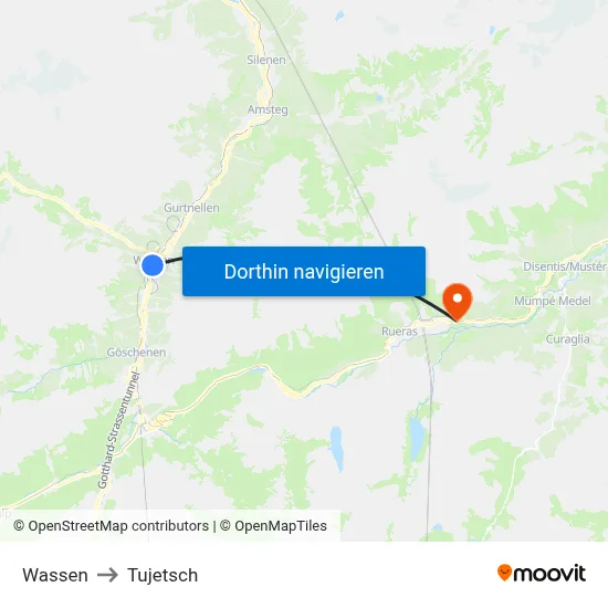 Wassen to Tujetsch map