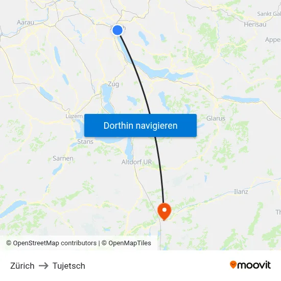 Zürich to Tujetsch map