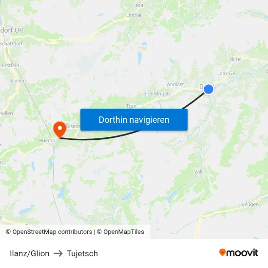 Ilanz/Glion to Tujetsch map