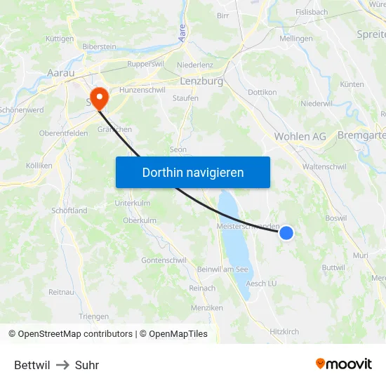 Bettwil to Suhr map
