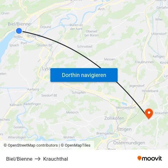 Biel/Bienne to Krauchthal map