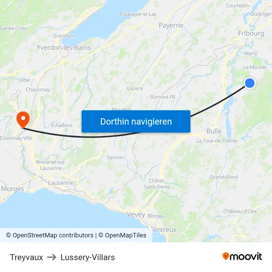 Treyvaux to Lussery-Villars map