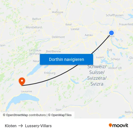 Kloten to Lussery-Villars map