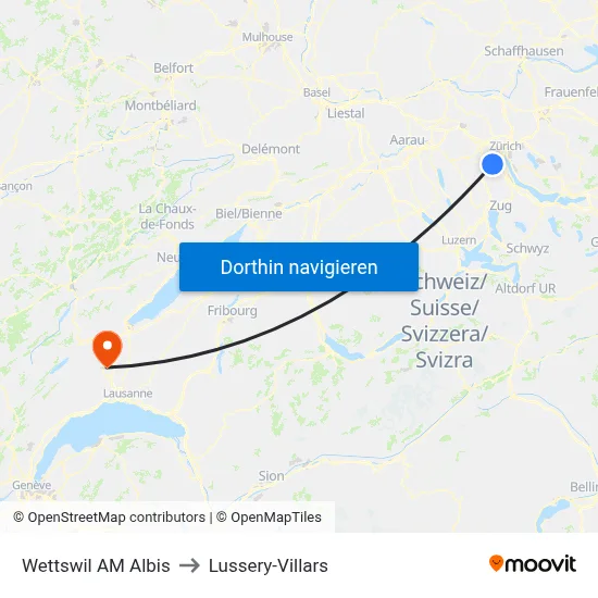 Wettswil AM Albis to Lussery-Villars map
