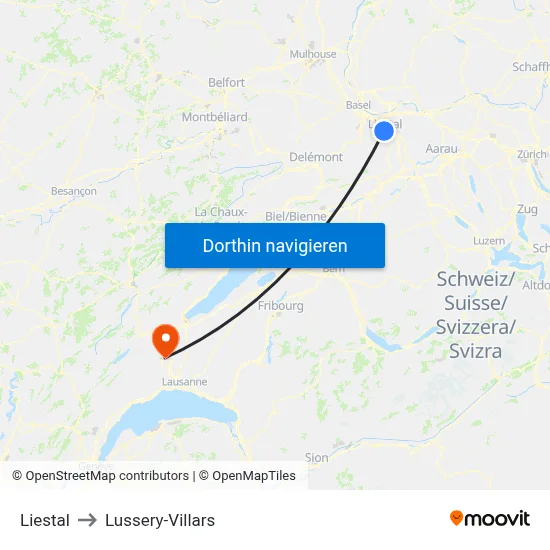 Liestal to Lussery-Villars map