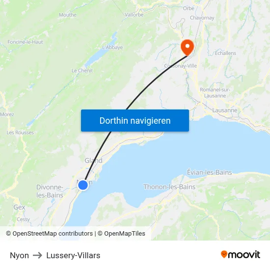 Nyon to Lussery-Villars map