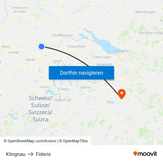 Klingnau to Fideris map