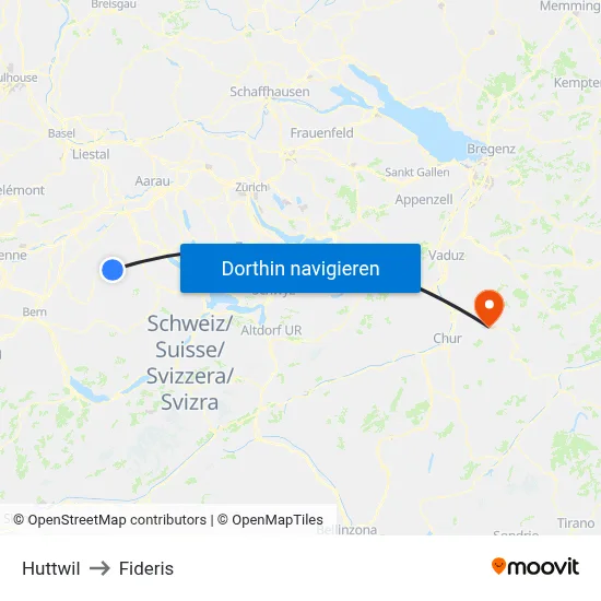 Huttwil to Fideris map