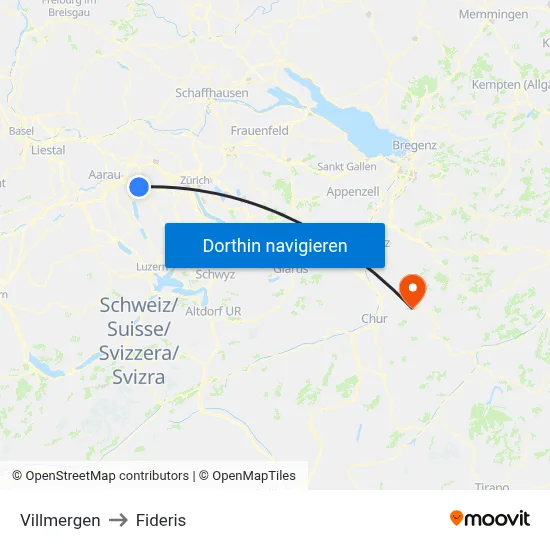 Villmergen to Fideris map