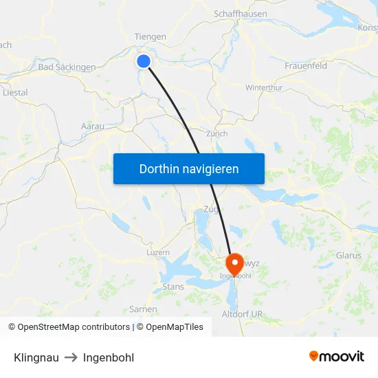 Klingnau to Ingenbohl map