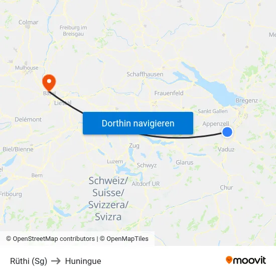 Rüthi (Sg) to Huningue map
