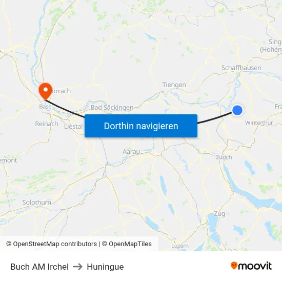Buch AM Irchel to Huningue map