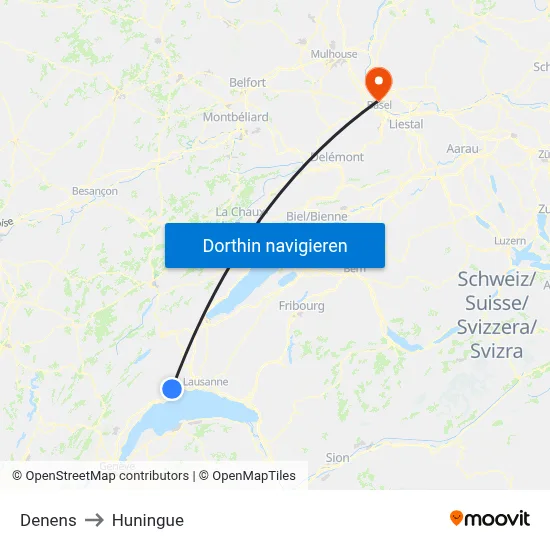 Denens to Huningue map