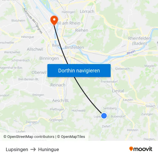 Lupsingen to Huningue map