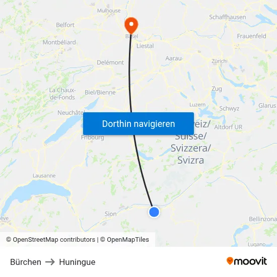 Bürchen to Huningue map